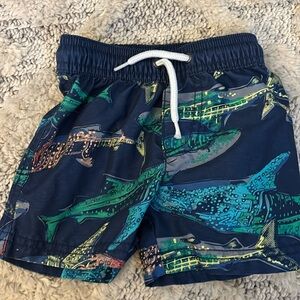 Boys Carters 9 months bathing suit trunks with sharks and tie string waist.
